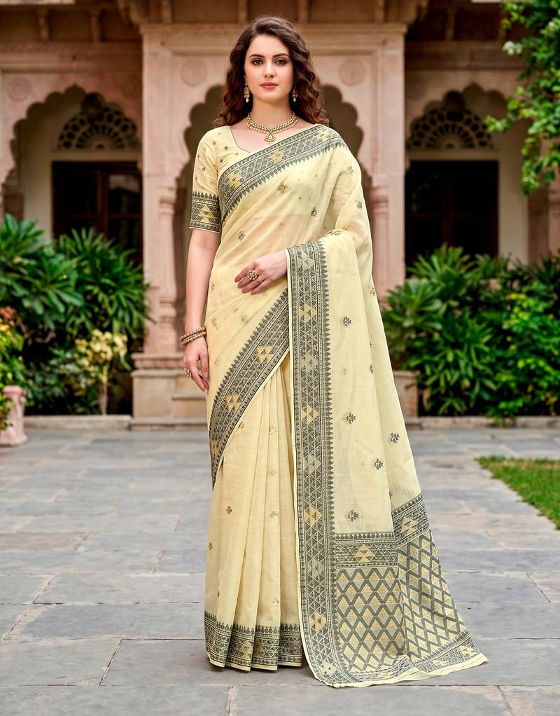 Sangam prints light yellow cotton blend woven work traditional saree