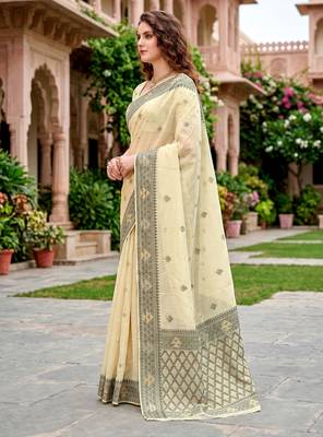Sangam prints light yellow cotton blend woven work traditional saree 2