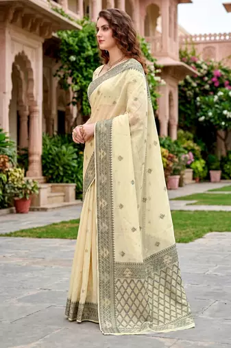 Sangam prints light yellow cotton blend woven work traditional saree
