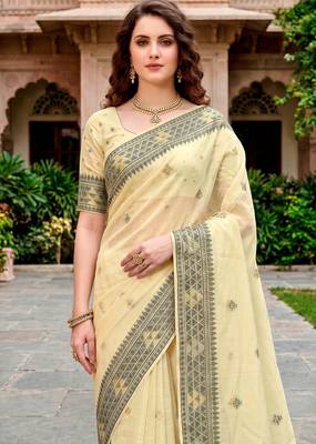 Sangam prints light yellow cotton blend woven work traditional saree 3