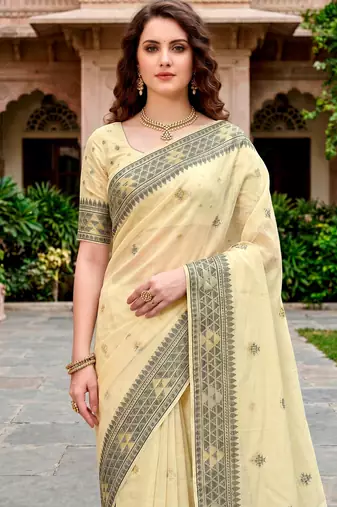 Sangam prints light yellow cotton blend woven work traditional saree