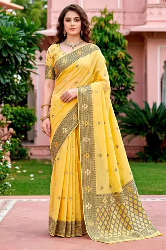 Sangam prints yellow cotton blend woven work traditional saree