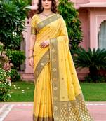 Sangam prints yellow cotton blend woven work traditional saree