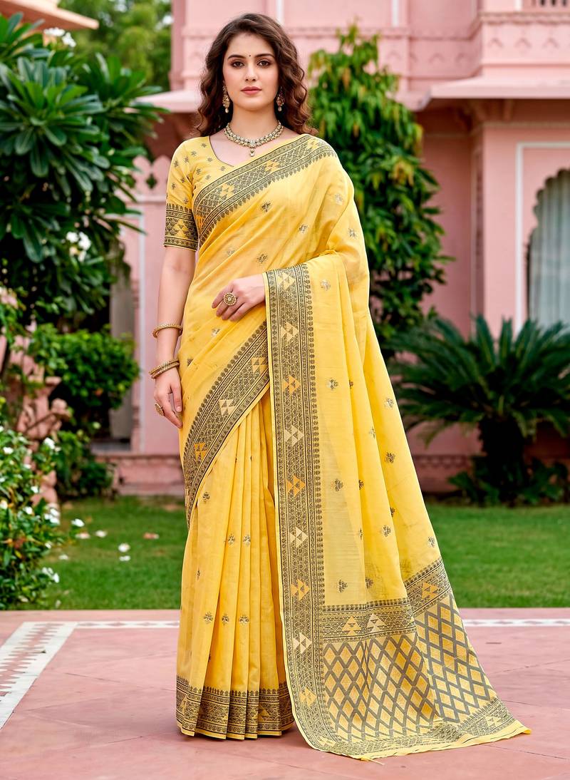 Sangam prints yellow cotton blend woven work traditional saree