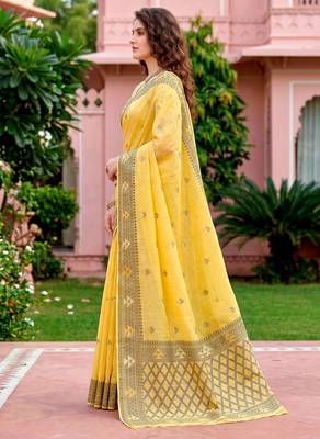 Sangam prints yellow cotton blend woven work traditional saree 2