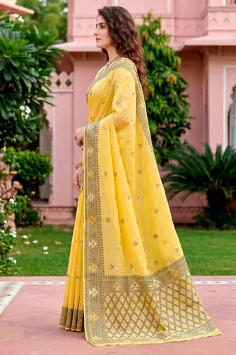Sangam prints yellow cotton blend woven work traditional saree