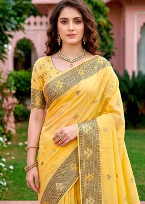 Sangam prints yellow cotton blend woven work traditional saree 3