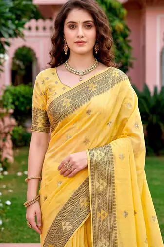 Sangam prints yellow cotton blend woven work traditional saree