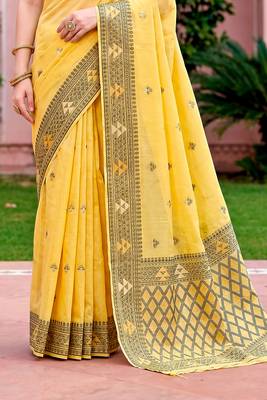 Sangam prints yellow cotton blend woven work traditional saree 4
