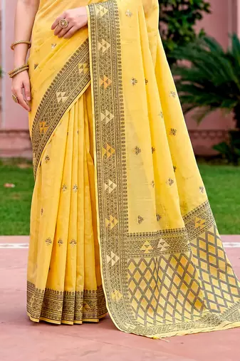 Sangam prints yellow cotton blend woven work traditional saree