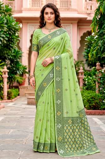 Sangam prints green cotton blend woven work traditional saree