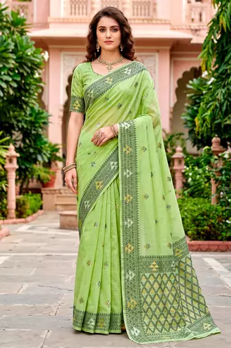 Sangam prints green cotton blend woven work traditional saree