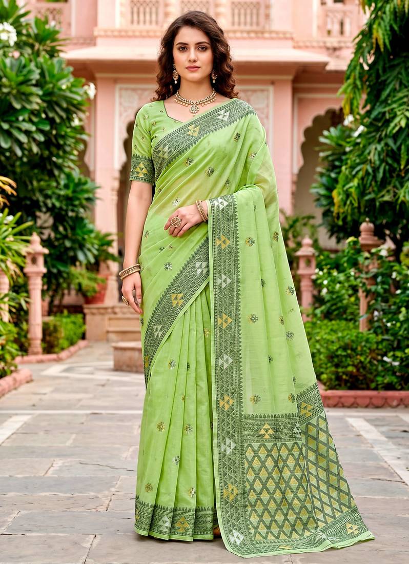 Sangam prints green cotton blend woven work traditional saree