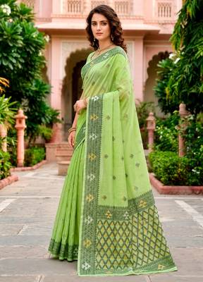 Sangam prints green cotton blend woven work traditional saree 2