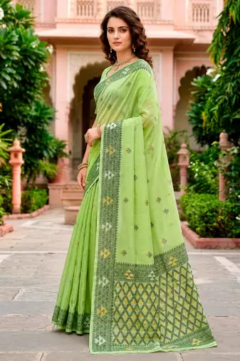 Sangam prints green cotton blend woven work traditional saree