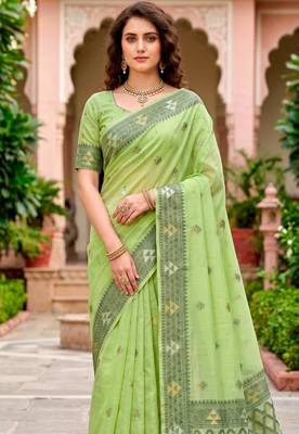 Sangam prints green cotton blend woven work traditional saree 3