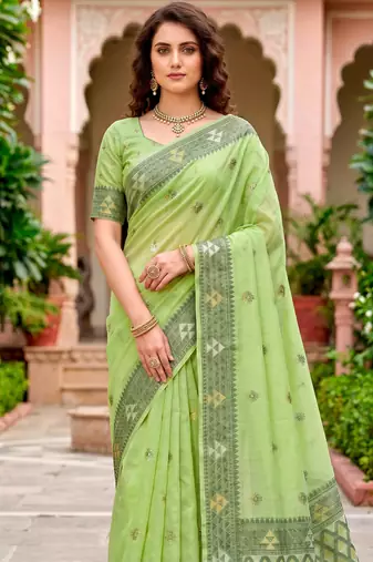 Sangam prints green cotton blend woven work traditional saree