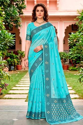 Sangam prints teal blue cotton blend woven work traditional saree
