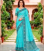 Sangam prints teal blue cotton blend woven work traditional saree