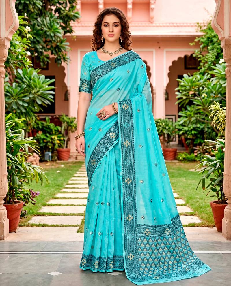 Sangam prints teal blue cotton blend woven work traditional saree