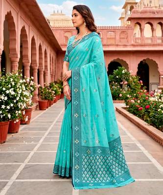 Sangam prints teal blue cotton blend woven work traditional saree 2