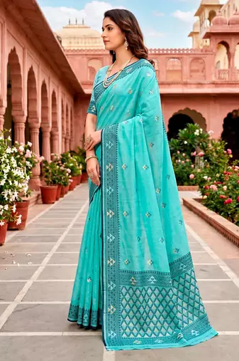 Sangam prints teal blue cotton blend woven work traditional saree