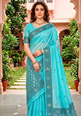 Sangam prints teal blue cotton blend woven work traditional saree 3