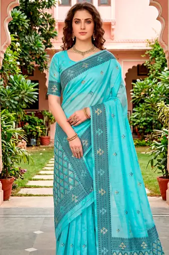 Sangam prints teal blue cotton blend woven work traditional saree