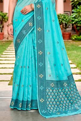 Sangam prints teal blue cotton blend woven work traditional saree 4