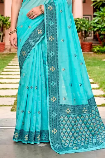 Sangam prints teal blue cotton blend woven work traditional saree