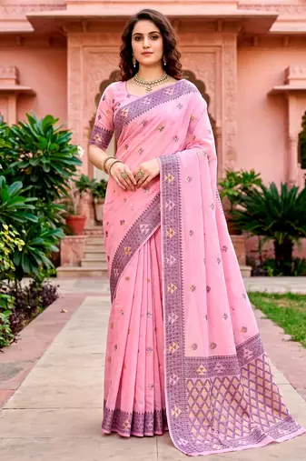 Sangam prints pink cotton blend woven work traditional saree