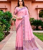 Sangam prints pink cotton blend woven work traditional saree