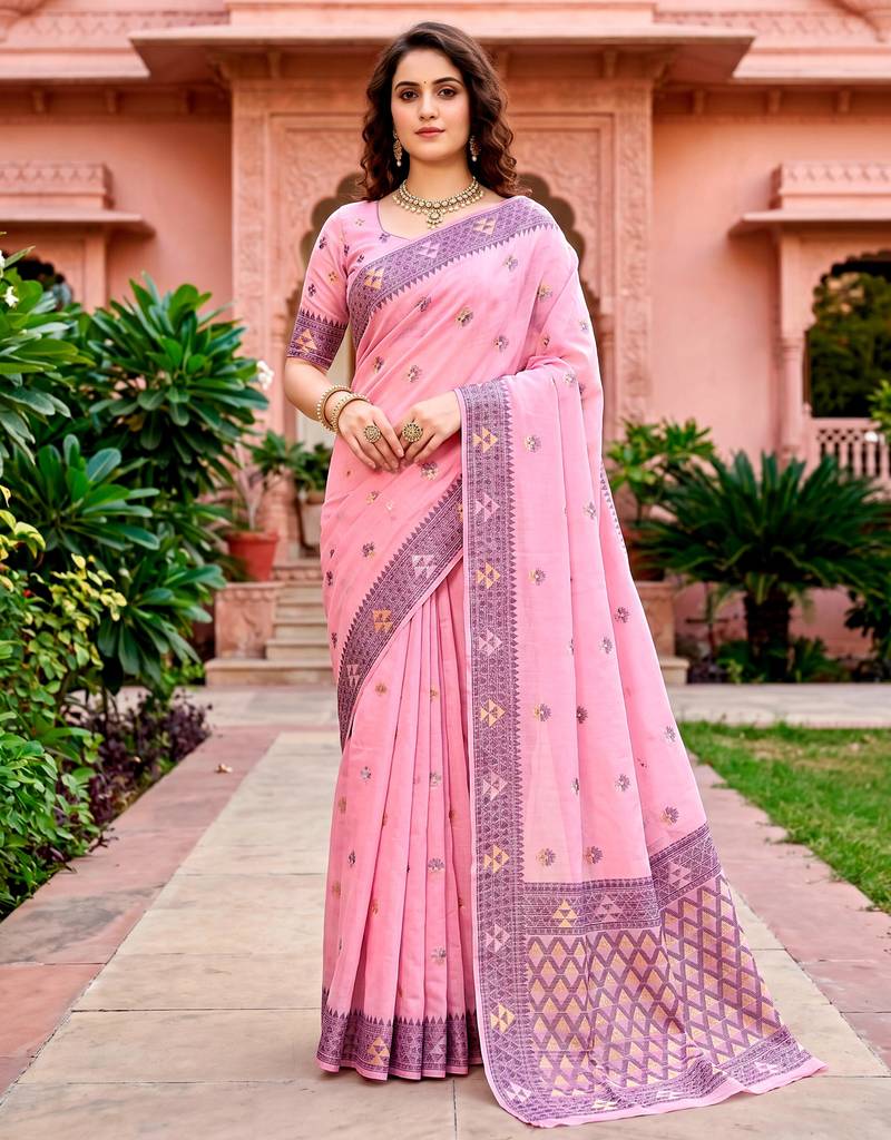 Sangam prints pink cotton blend woven work traditional saree
