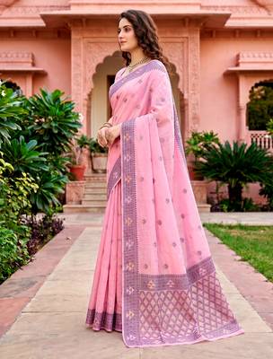 Sangam prints pink cotton blend woven work traditional saree 2