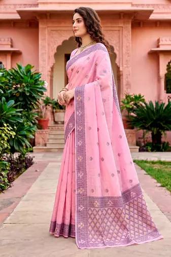 Sangam prints pink cotton blend woven work traditional saree