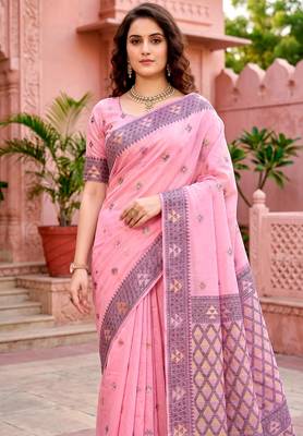 Sangam prints pink cotton blend woven work traditional saree 3