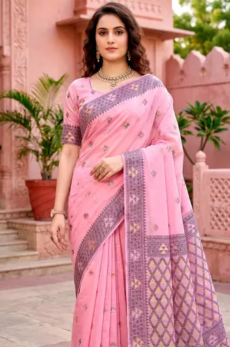 Sangam prints pink cotton blend woven work traditional saree
