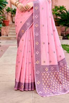 Sangam prints pink cotton blend woven work traditional saree 4