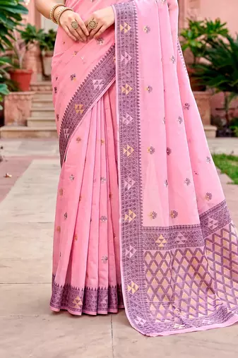 Sangam prints pink cotton blend woven work traditional saree