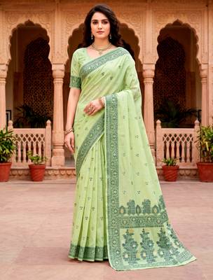 Sangam prints green cotton blend woven work traditional saree 1