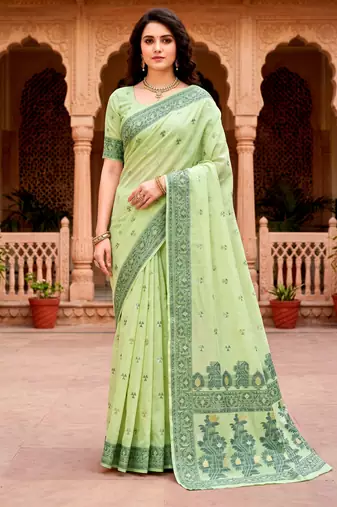 Sangam prints green cotton blend woven work traditional saree