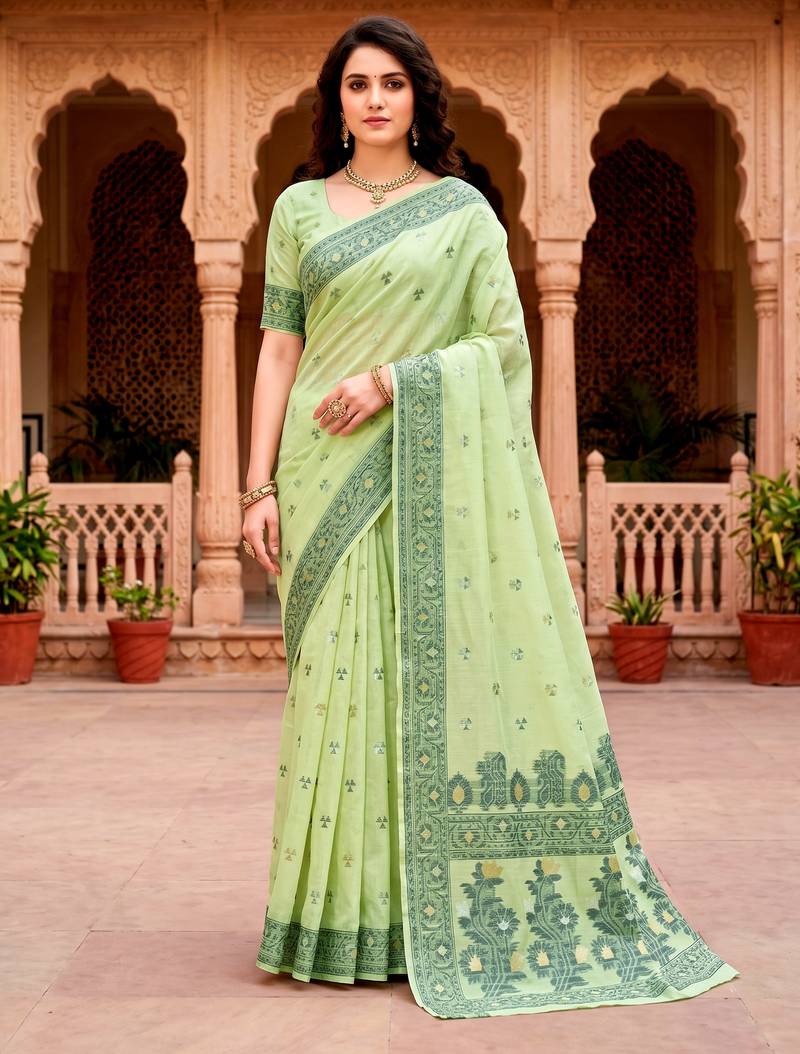 Sangam prints green cotton blend woven work traditional saree