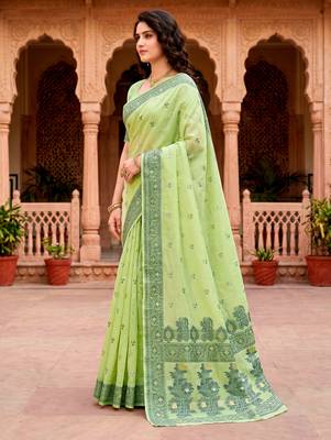Sangam prints green cotton blend woven work traditional saree 2