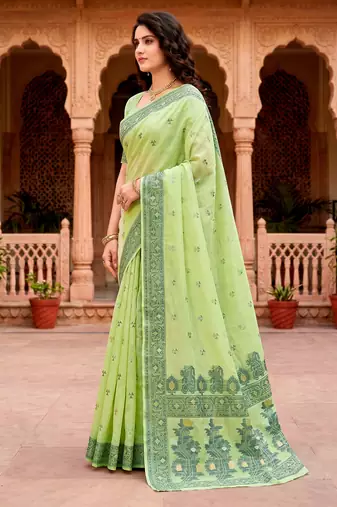 Sangam prints green cotton blend woven work traditional saree