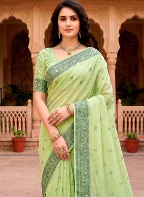 Sangam prints green cotton blend woven work traditional saree 3