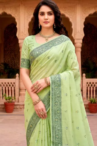 Sangam prints green cotton blend woven work traditional saree