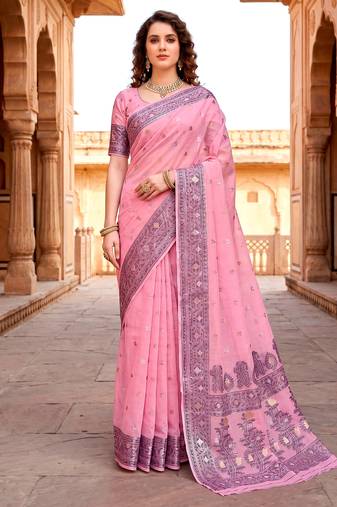 Sangam prints pink cotton blend woven work traditional saree