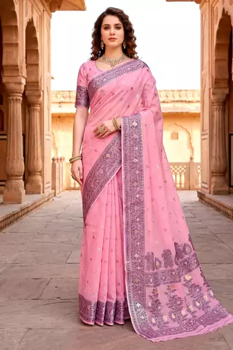 Sangam prints pink cotton blend woven work traditional saree