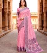 Sangam prints pink cotton blend woven work traditional saree