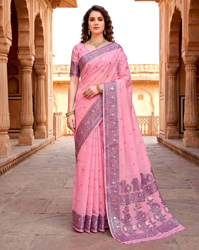 Sangam prints pink cotton blend woven work traditional saree